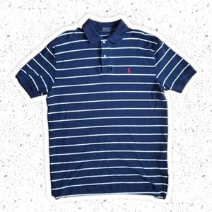 Polo By Ralph Lauren Navy Blue d and White Striped Red Logo Shirt Sz M